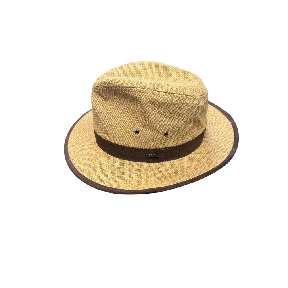 Scala Fedora Hat Mens Medium Tan Excellent Burlap Texture Safari Style - Picture 2 of 4